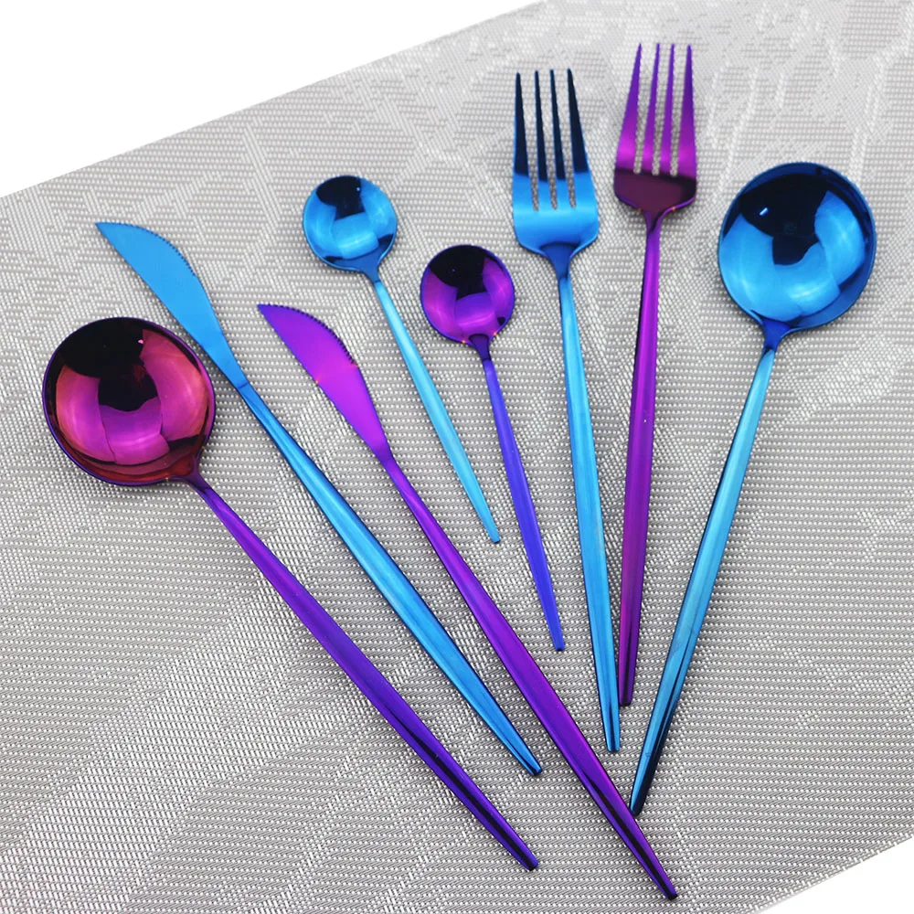 24 шт. красочные радужные золотые столовые приборы набор посуды из нержавеющей