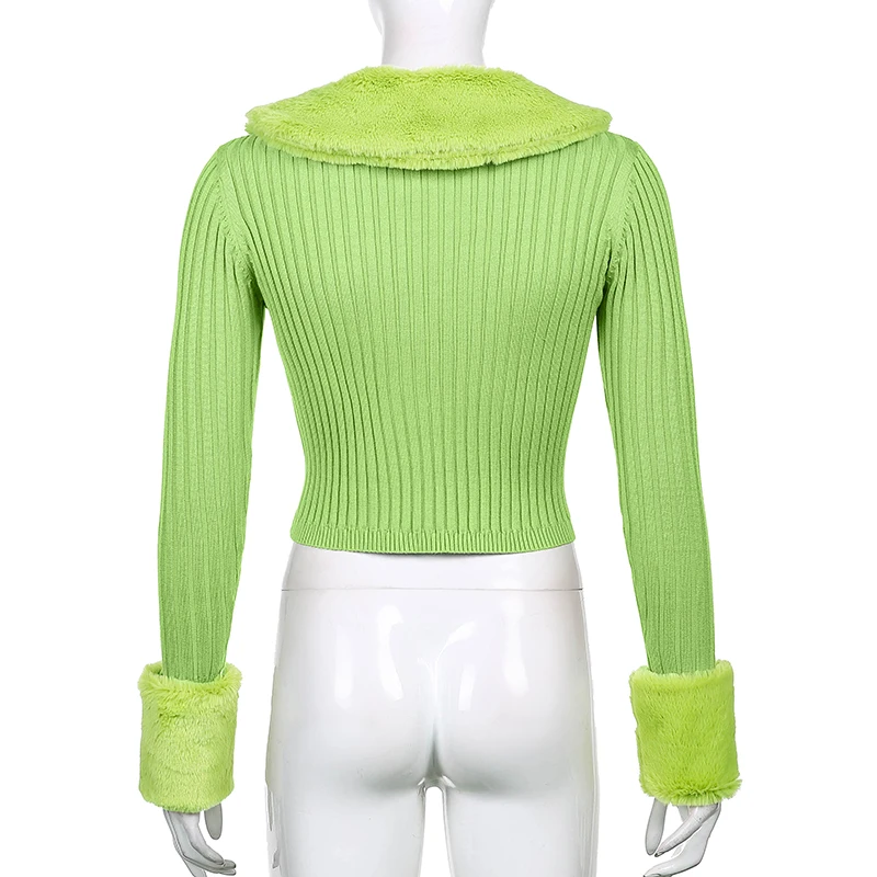 Ребристые трикотажные женские кардиганы с опушкой из меха Меховой Воротник