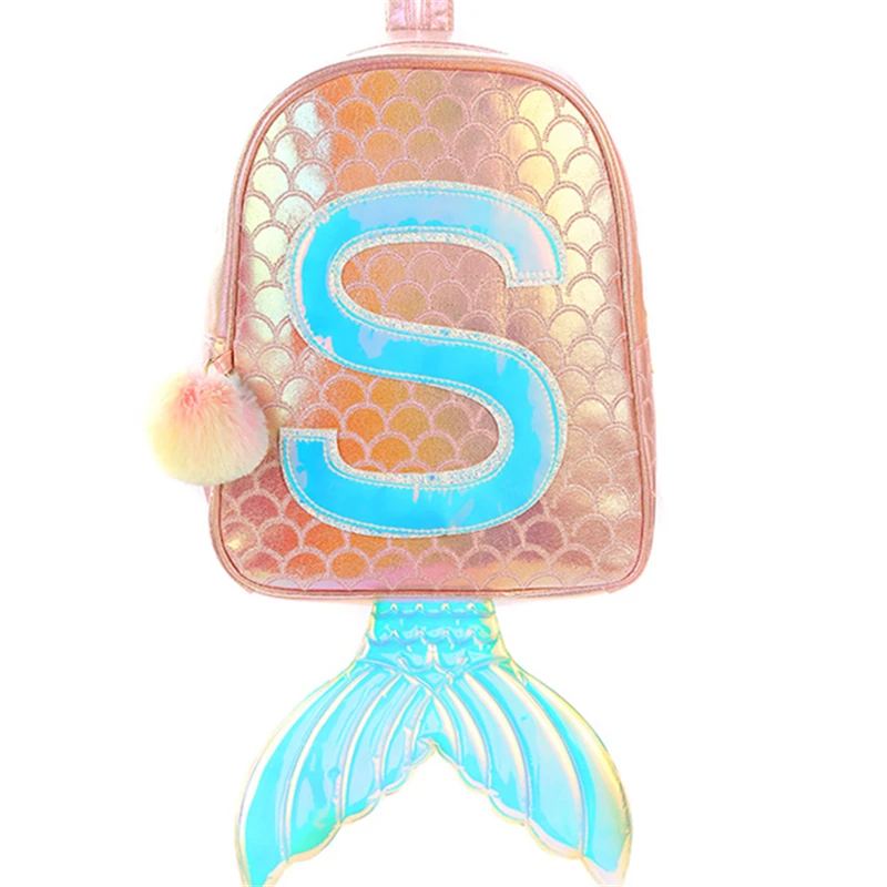 mermaid fish Backpack Children Zipper Schoolbag for Teenager Holographic laser pu s pattern bookbag women bag  with pom pom