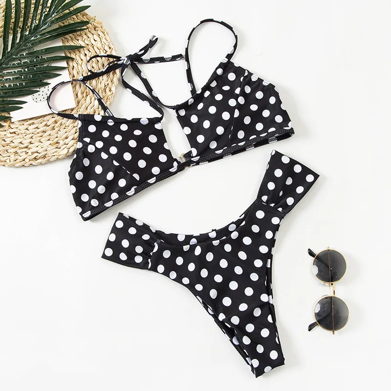 

2021 Patchwork Leopard Polka Dot Bikinis Sexy Hollow Out String Bikini Set High Cut Swimwear Women Bathing Suit Printed Biquini