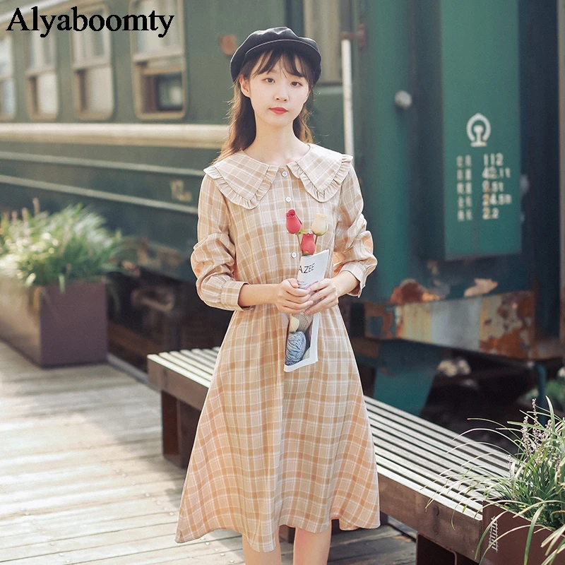 

Japanese Preppy Style Autumn Spring Women Dress Peter Pan Collar Apricot Green Plaid Femininos Vestidos Cute Kawaii Sweet Dress