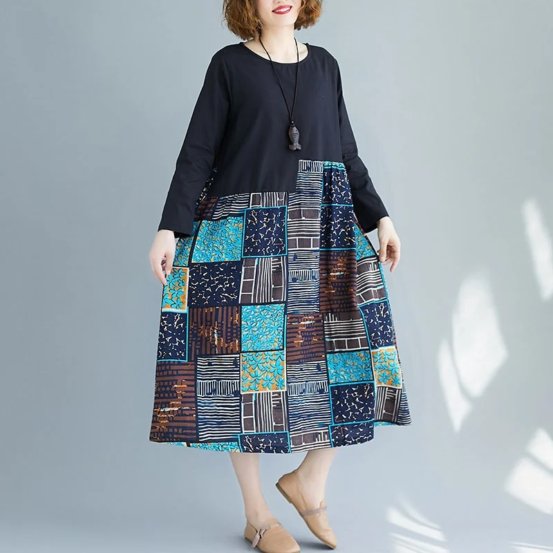 Винтажное длинное платье в стиле пэчворк свободного покроя размера плюс Ретро