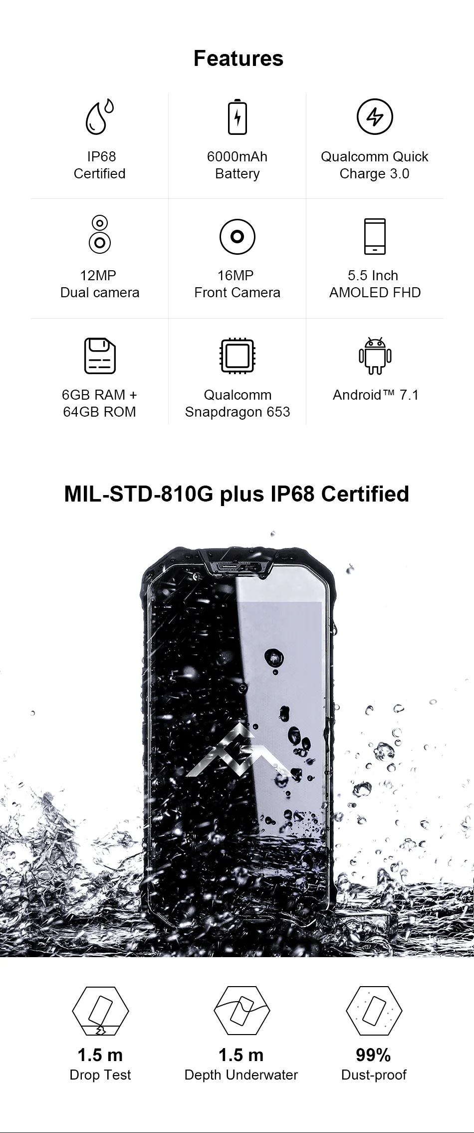 Официальный AGM X2 SE Android 7,1 прочный смартфон 6+ 64G 5," кожа IP68 водонепроницаемый 6000 мАч две sim-карты 16,0 Мп фронтальная камера