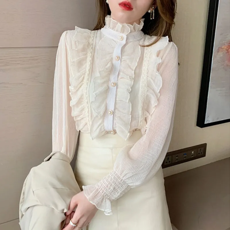 

Fashion Victorian Blouses Women OL Office Ladies White Shirt High Neck Frilly Ruffle Cuffs Shirts Female Blouse Party Gothic