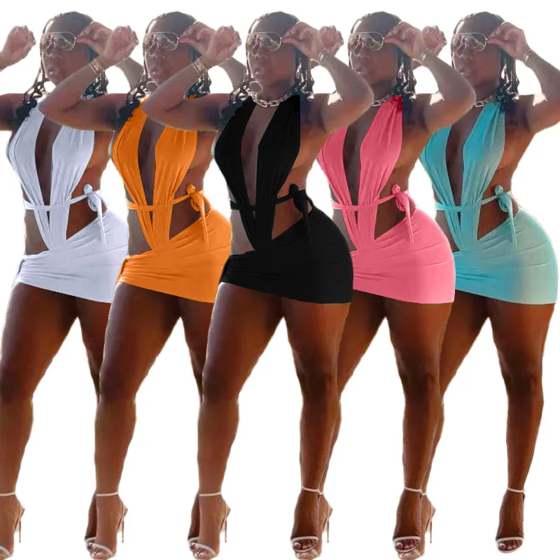 

2021 Women Sexy Summer Beach Two Piece Set Deep V Neck Halter Backless Bodysuit Lace Up Bodycon Mini Skirt Swimwear Suit