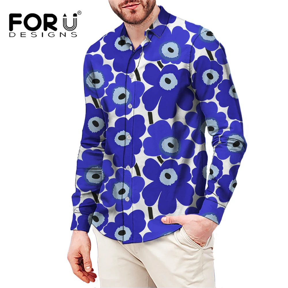 

FORUDESIGNS Blue Poppies Flower Men Floral Dress Shirts Beach Hawaiian Button-Down Dress Shirts Comfortable Vacation Tops