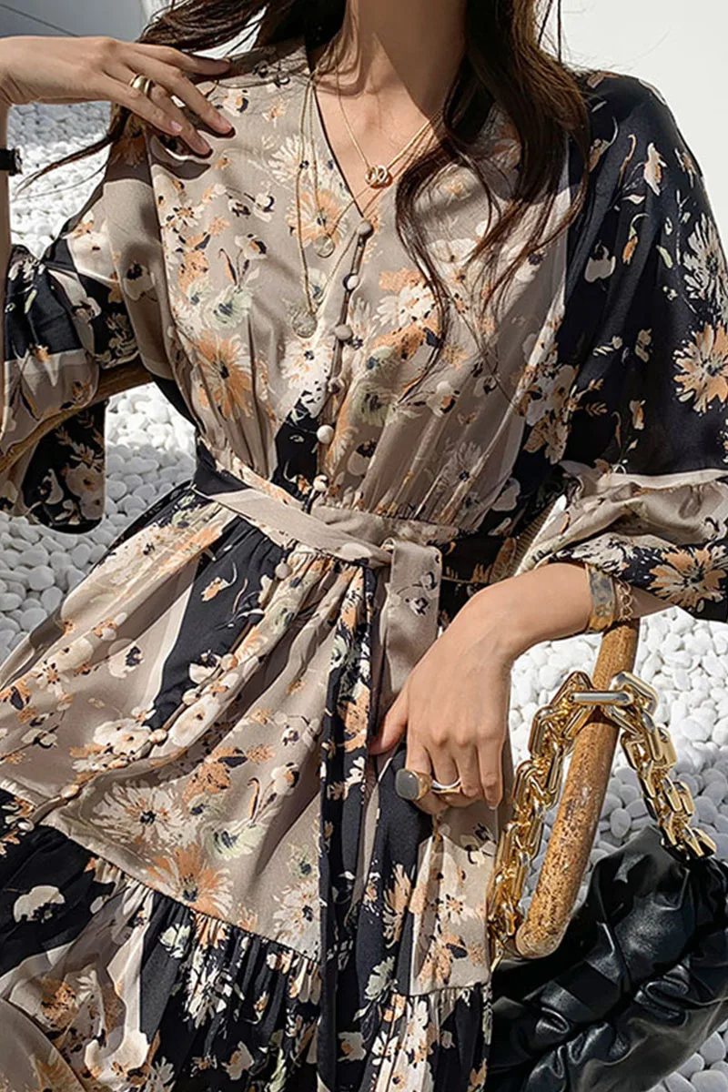 

ZCSMLL Korea chic spring vintage thin V-neck buckle elastic waist tie lotus leaf sleeve small floral dress female 2021 spring