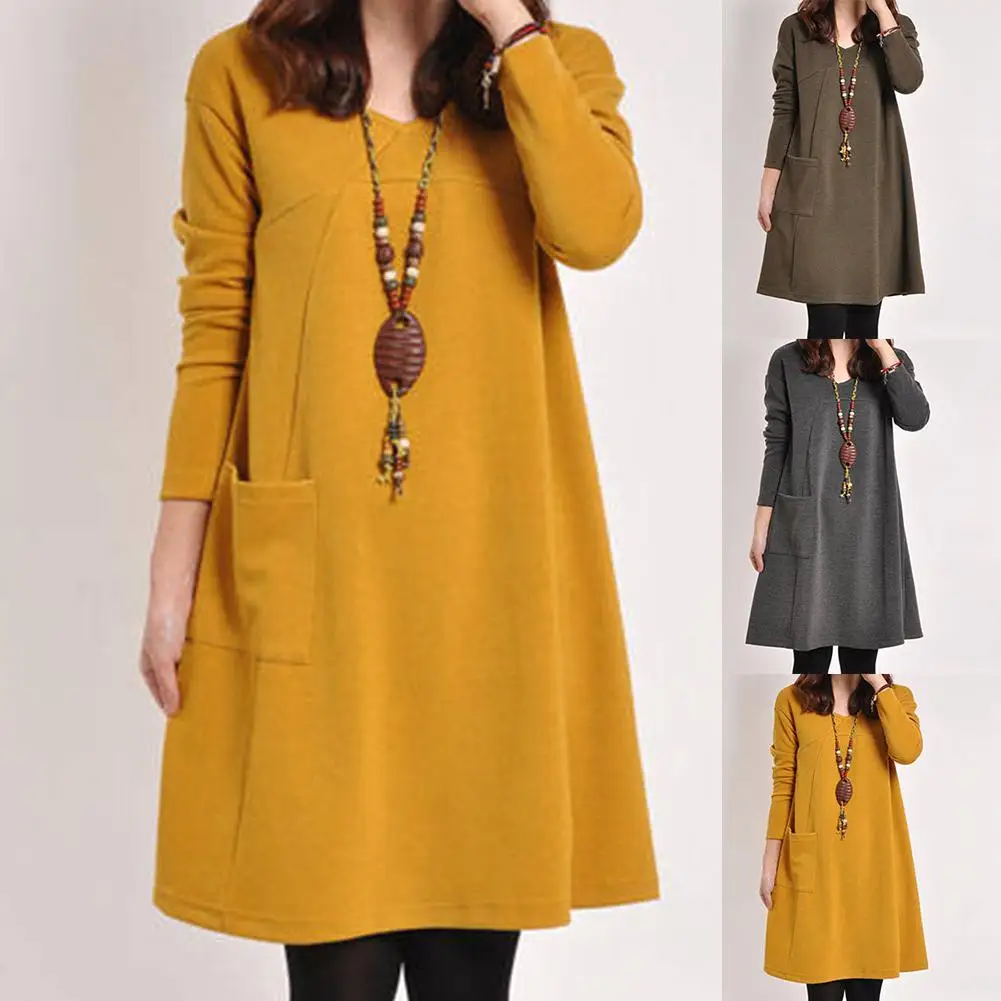 Осенне зимнее платье с круглым вырезом и длинным рукавом однотонное свободное