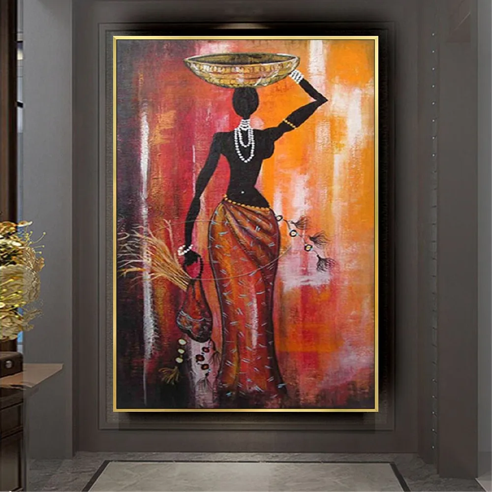 

Handmade African Woman Painting Modern Hotel Decorative Painting Living Room Mural Entrance Large Vertical Hanging Painting