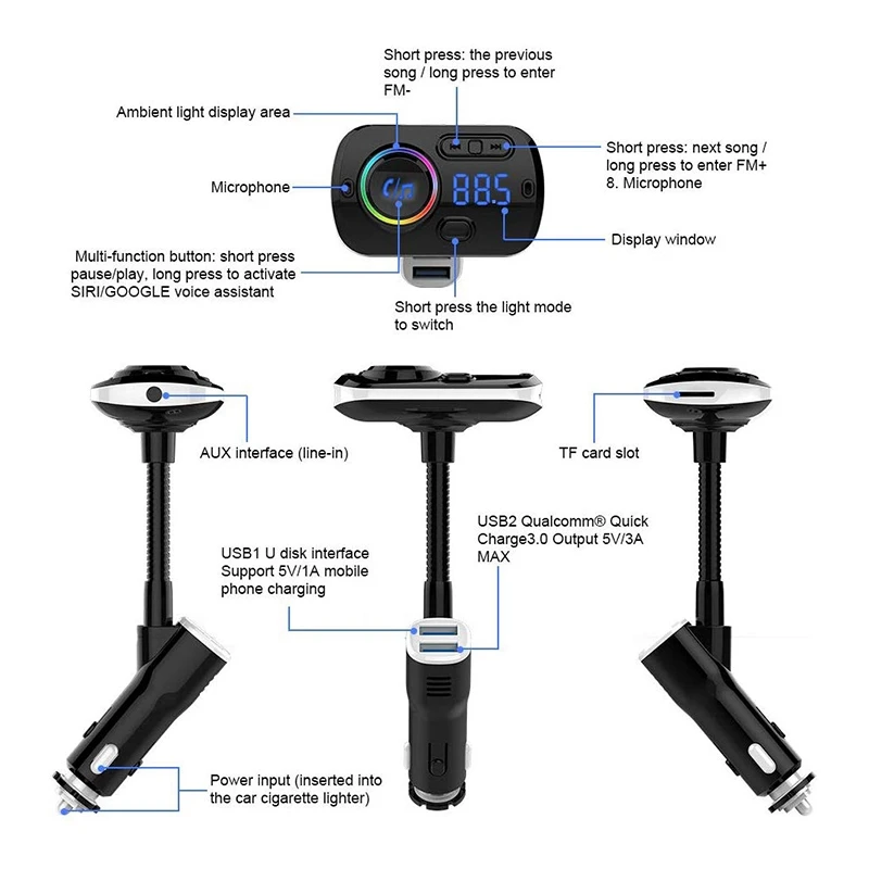 Bluetooth FM Transmitter BC49AQ for Car 7 Color LED Adapter with QC3.0 Charging Siri Google Assistant USB Flash Drive Mi | Автомобили и