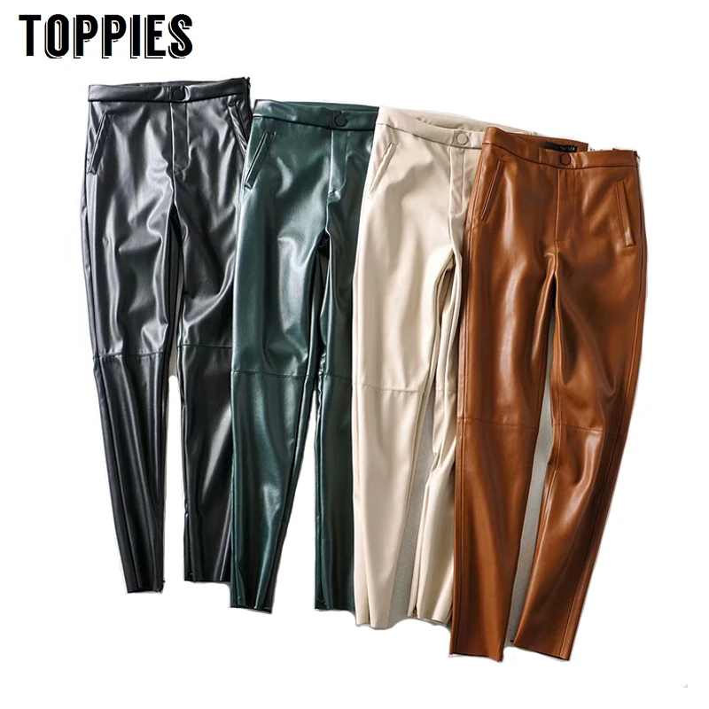 Кожаные брюки на осень и зиму эластичные узкие карандаш размера плюс теплые для