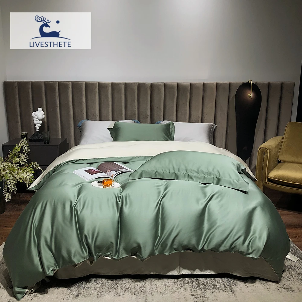 Женский комплект постельного белья Liv-Esthete из 100% шелка зеленого и серого цвета