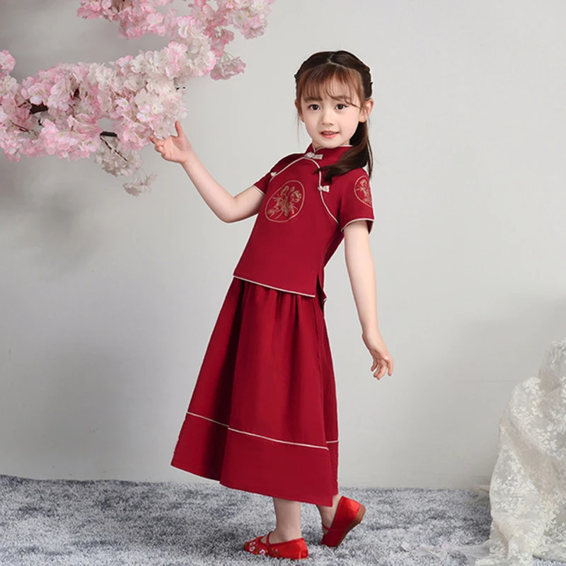 Костюм для девочек из 2 предметов рубашка и юбка хлопка льна в китайском