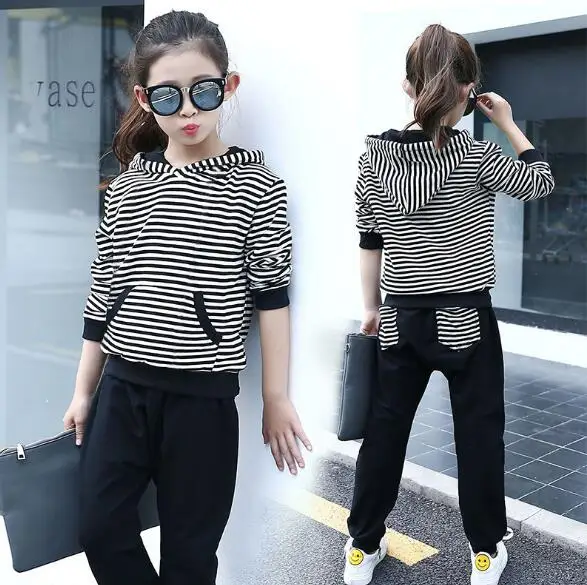 Spring Teen Girls Clothes Kids Sport Set Striped Costume Hooded Sweatshirt+Pants 2pcs Children's Tracksuit For Baby Girl 4-12Yrs | Детская