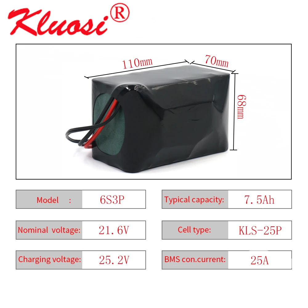 KLUOSI 6S3P 24V 7.5Ah 21.6V 8Ah 25.2V Lithium Battery Pack for Electric Bicycle Ebike Scooter Wheelchair Cropper with 25A BMS |
