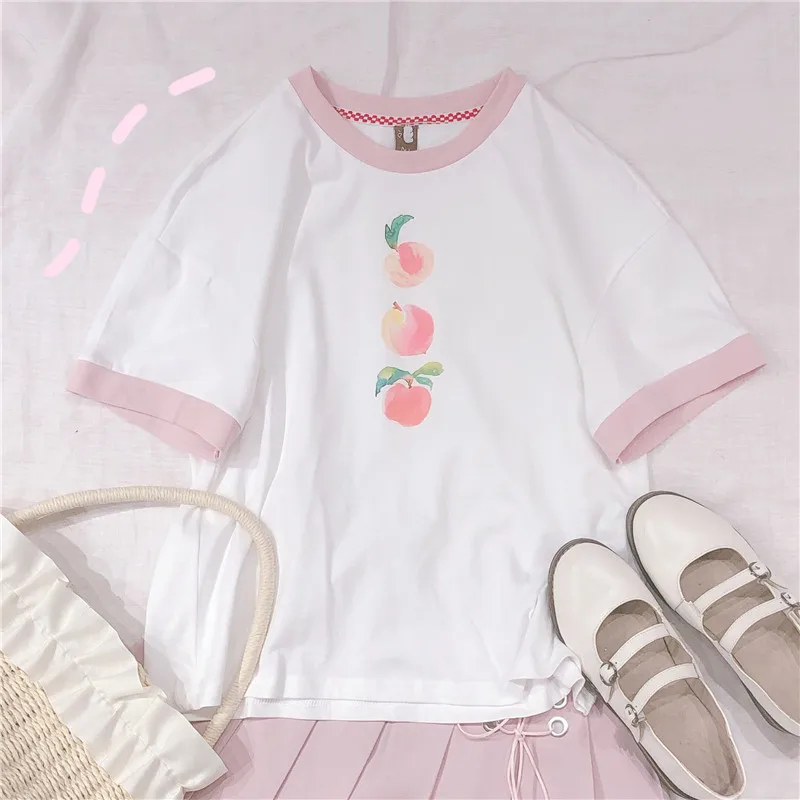 Летние женские милые футболки с персиковым принтом футболка коротким рукавом