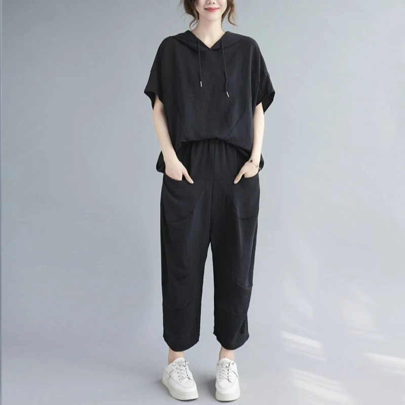 

Johnature New Casual Hood Collar Women Sets 2022 Summer Simple Loose Batwing Top Ankle-length Pockets Female Sets