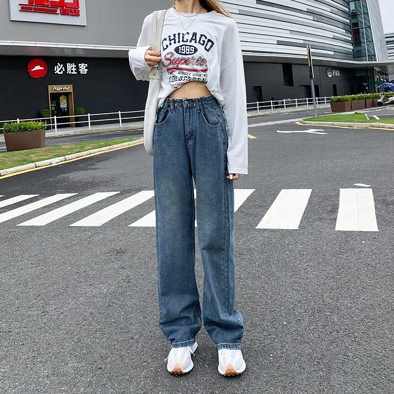 Джинсы с высокой талией и широкими штанинами женский осенний дизайн Ретро стиль