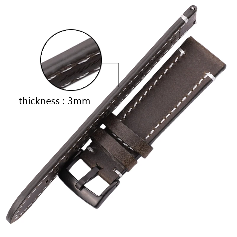 HENGRC Cowhide Genuine Leather Watchband Belt 18 20 22 24mm Men Women Thick Handmade Retro Watch Band Strap Metal Buckles