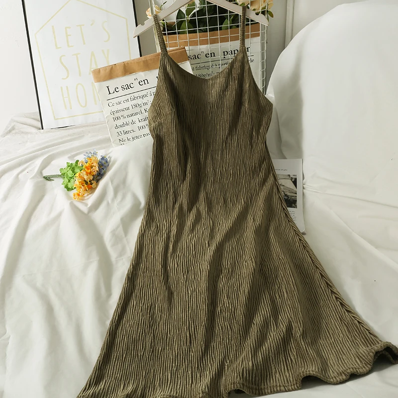 

Spaghetti Strap Dresses Women Sleeveless Mid-calf Dress Sexy Solid Elegant Party Fashion Vintage Dress