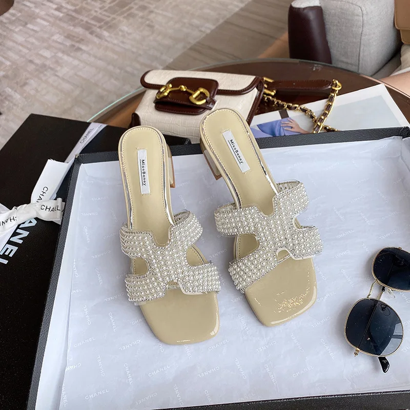 

Open-toed sandals, beaded square-toe, thick-heeled slippers, 2021 season beach shoes, solid color, Korean style fashion sandals