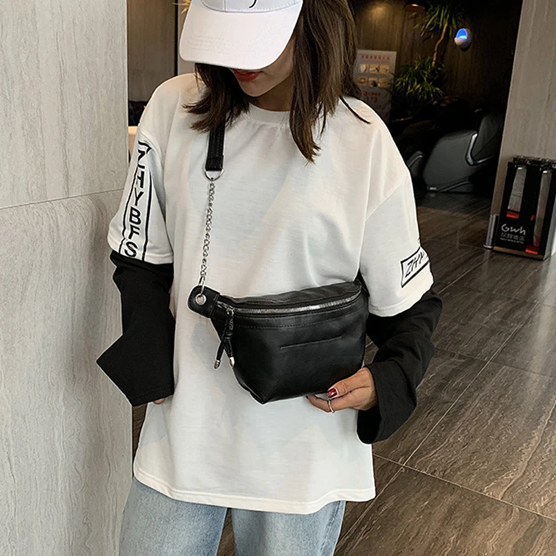 Модная однотонная поясная сумка с цепочкой широкий пояс женская через плечо