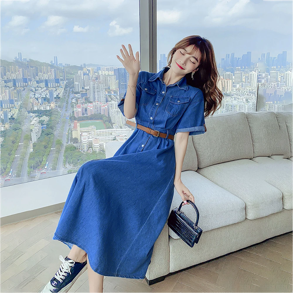 

Summer Long Dress Short Sleeve Shirt Dress Women Denim Long Dresses Pocket Button Shirt Belt Dress Casual Fashion Dresses 2021