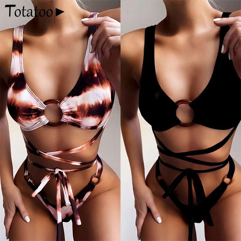 Serytee галстук сухой печати Кружева Up сексуальный бандажный Купальник Летний