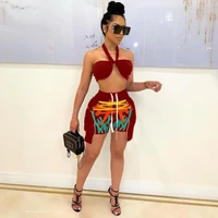 solid halter neck bra sexy crop topmulti color printed drawstring mini shorts irregular side short pants ladies 2 pieces outfit