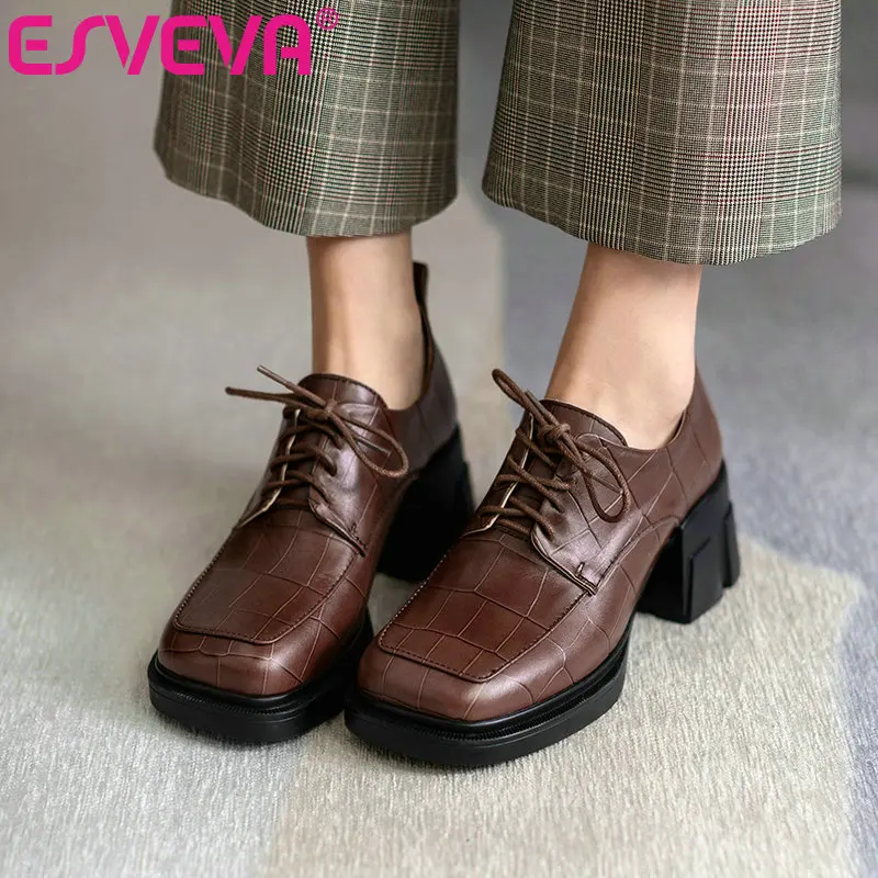 

ESVEVA/2021 г. 2021 г. Женская обувь из коровьей кожи на высоком квадратном каблуке, на шнуровке весенние модные женские туфли-лодочки с квадратным ...