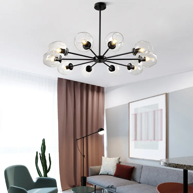 Люстра в скандинавском стиле со стеклянными синими шариками медная Золотая