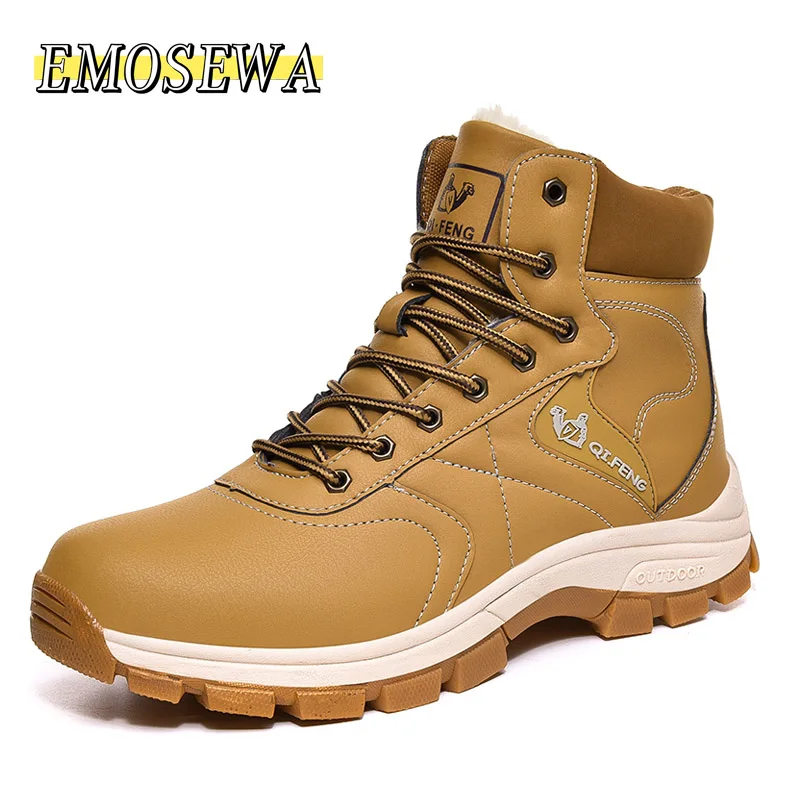 

Мужские теплые ботинки из натуральной кожи, коричневые непромокаемые рабочие ботильоны ручной работы с высоким берцем и мехом, обувь для сн...