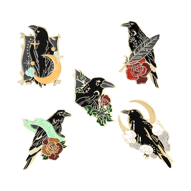 

Black Raven Enamel Pins Custom Moon Flowers Bird Punk Gothic Brooches Bag Lapel Pin Badge Jewelry Gift for Friends Wholesale