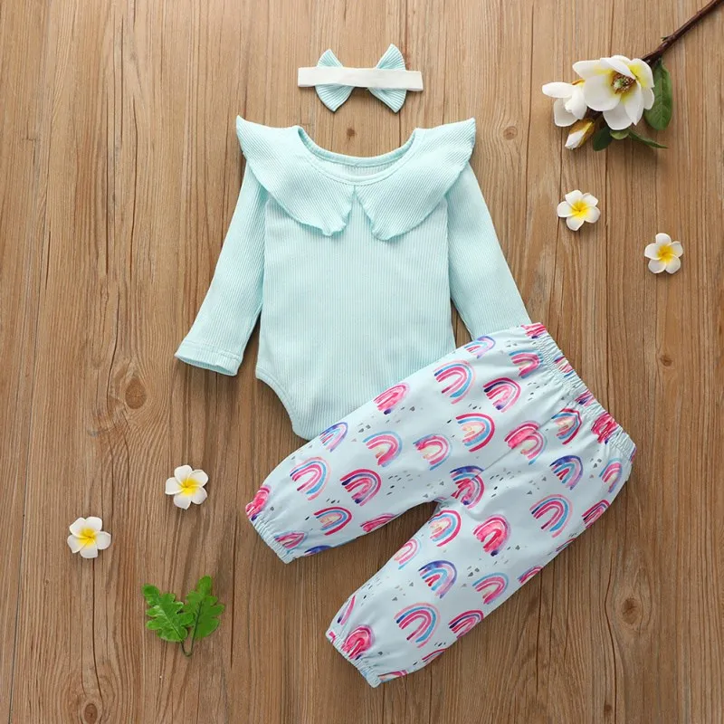 

Newborn Infant Baby Romper Set Ruffles Long Sleeve Rainbow Romper Bodysuit+Floral Pants+Headband Girls Clothes Outfits Set