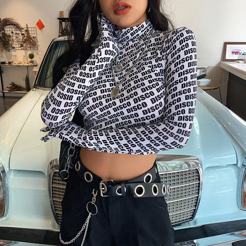 Укороченный топ с буквенным принтом футболка перчатками Женская водолазка