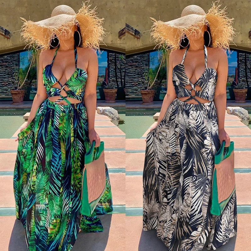 

Casual Vacation Beach Dress Women 2021 Summer Sexy Hollowed Out Sleeveless Sling Vintage Print Dresses