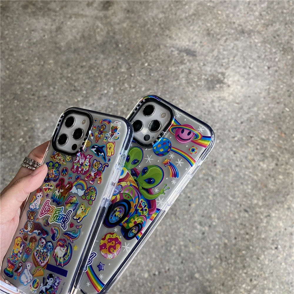 ins cute saucerman liea frank stickers rainbow label phone case for iphone 13 12 mini 11 pro x xs max xr 7 8 plus se clear cover free global shipping