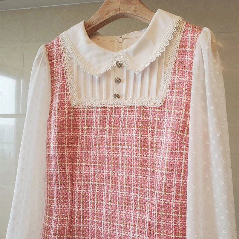 

Sweet Pink Tweed Dress Women Patchwork Peter Pan Collar Straight Dress Knee-Length Dot Long Sleeve Kawaii Party Dress 2020 B448
