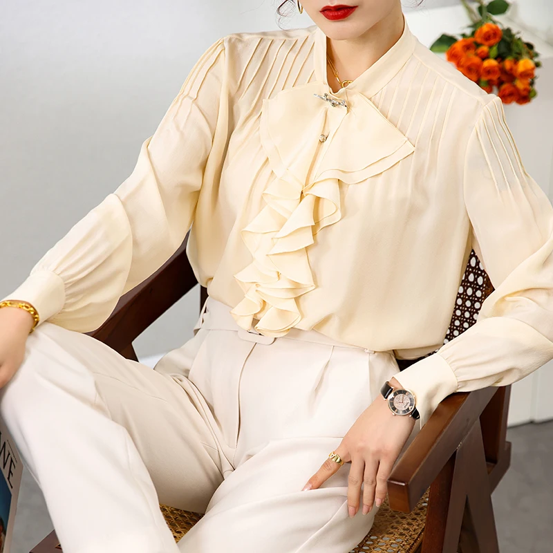 

100% Natural Silk Women's Shirt O Neck Long Latern Sleeves Ruffles Beaded Fashion Blouse Camisas