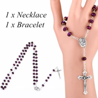 2 pcsset purple virgin mary catholic rosary necklace bracelet cross pendant composed jewelry set for women
