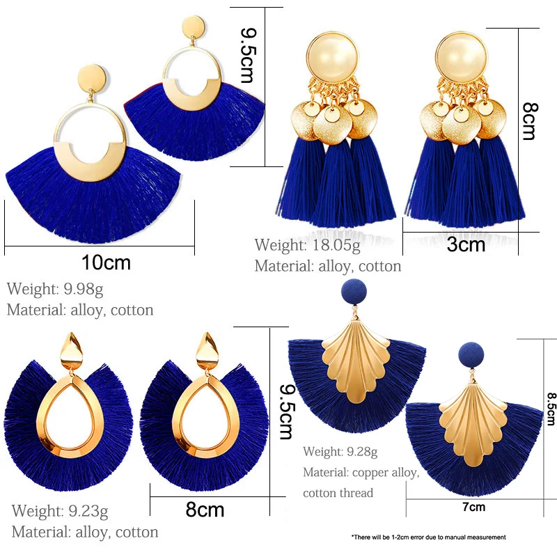 

Bohemian Tassel Earrings Blue Black Red Geometric Cotton Silk Fringe Big Dangle Earrings For Women 2020 Fashion Female Jewelry