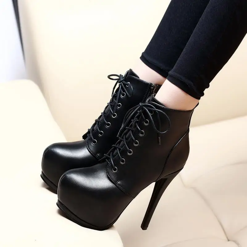 

2021 New Short Boots Super High Heel 14CM Waterproof Platform Lace-up Martin Boots Women's Boots Nightclub Model High Heels
