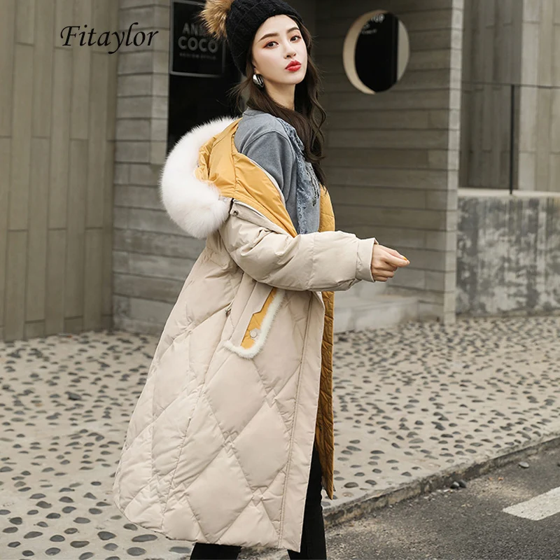 Fitaylor зимняя длинная куртка с капюшоном на утином пуху Женское пальто свободного