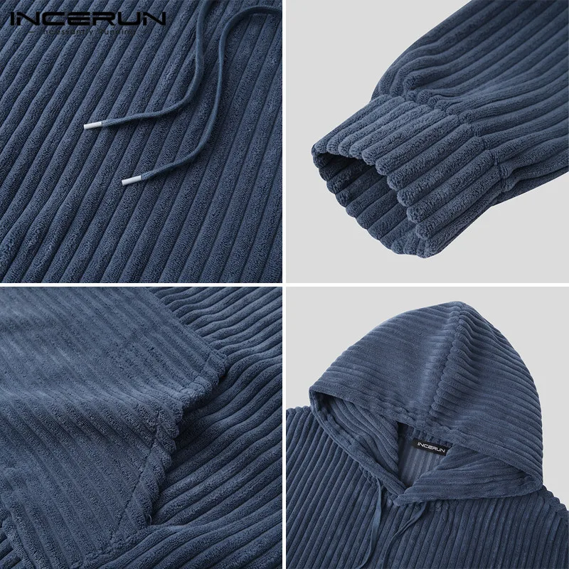 

Autumn Man Loose Big Pockets Pullovers INCERUN Men Solid Color Hoodies Leisure Corduroy Hooded Sweatshirts Hombre Outwear S-5XL