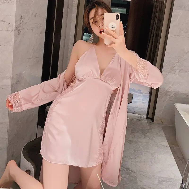 

Summer Silk Robe Sleep Suit Womens Lace Satin Pajamas Gown Set V-Neck Nighties Wear Pijama Home Nightwear 2021 Spring Nightdress