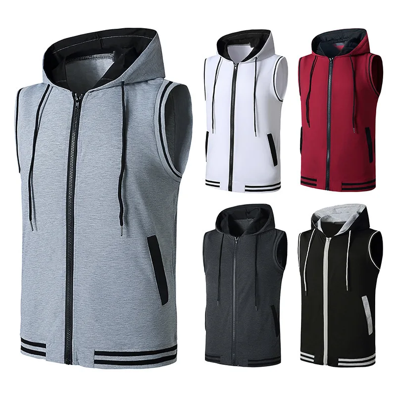 

2021 Summer New Mens Sleeveless Hoodies Fitness Brand Zipper Gyms Bodybuilding Hooded Vest Male