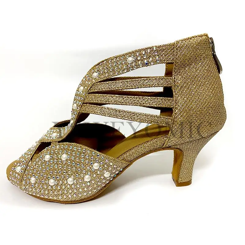 2021 Gold Women Dance Shoes Salsa Rhinestones Shoes Social Party Shoes for Female Samba Latin Dance Shoes Low Heel 6cm 2inch