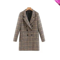 twill long coat women england style notched houndstooth double breasted pockets long coat winter coat women tops