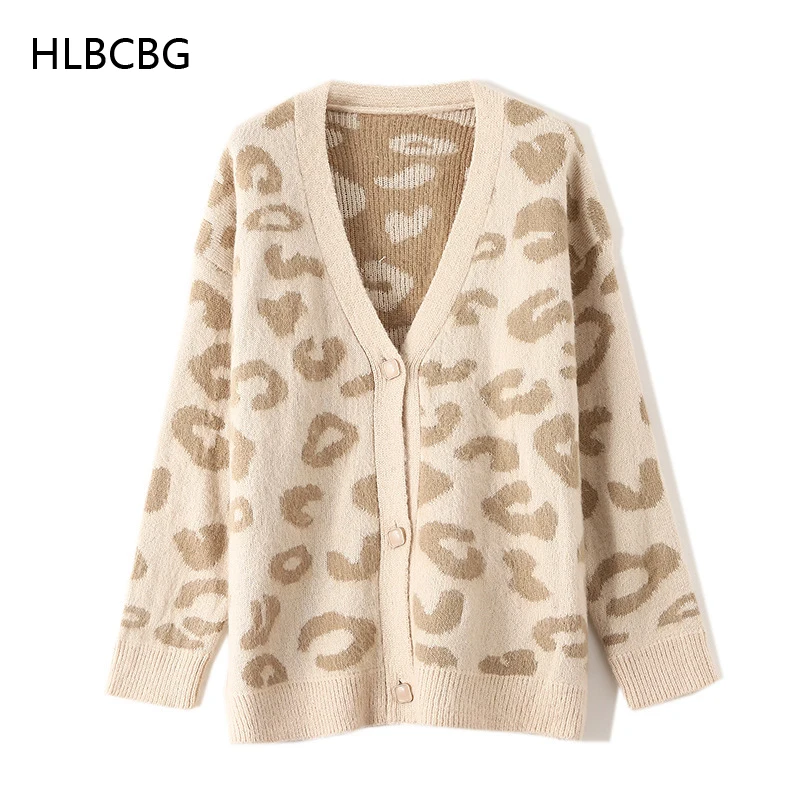 

HLBCBG Autumn Winter V-Neck Knitted Cardigans Women Single Breasted Printed Loose Sweaters Female Casual Cardigans Soft Knitwear