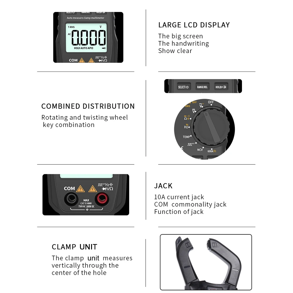 WinAPEX 600A RMS цифровой токовый клещи Карманный мультиметр зажим 6000 отсчетов AC/DC 750 V/1000 V Выходной прямоугольный сигнал